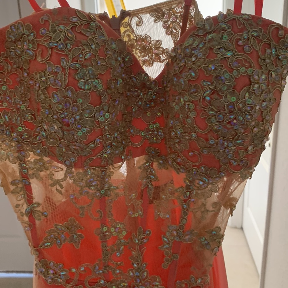 Exquisite jeweled coral colored strapless princess gown by La Femme size 6 - Picture 13 of 14